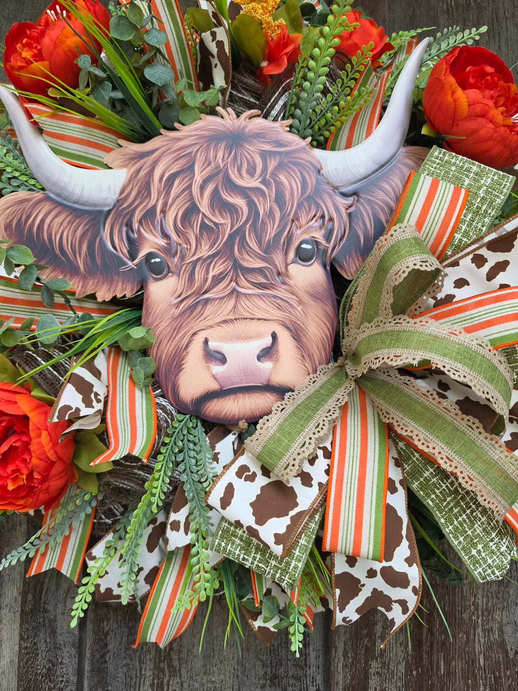 Highland Cow Fall Wreath – Rustic Farmhouse Door Wreath with Orange Florals