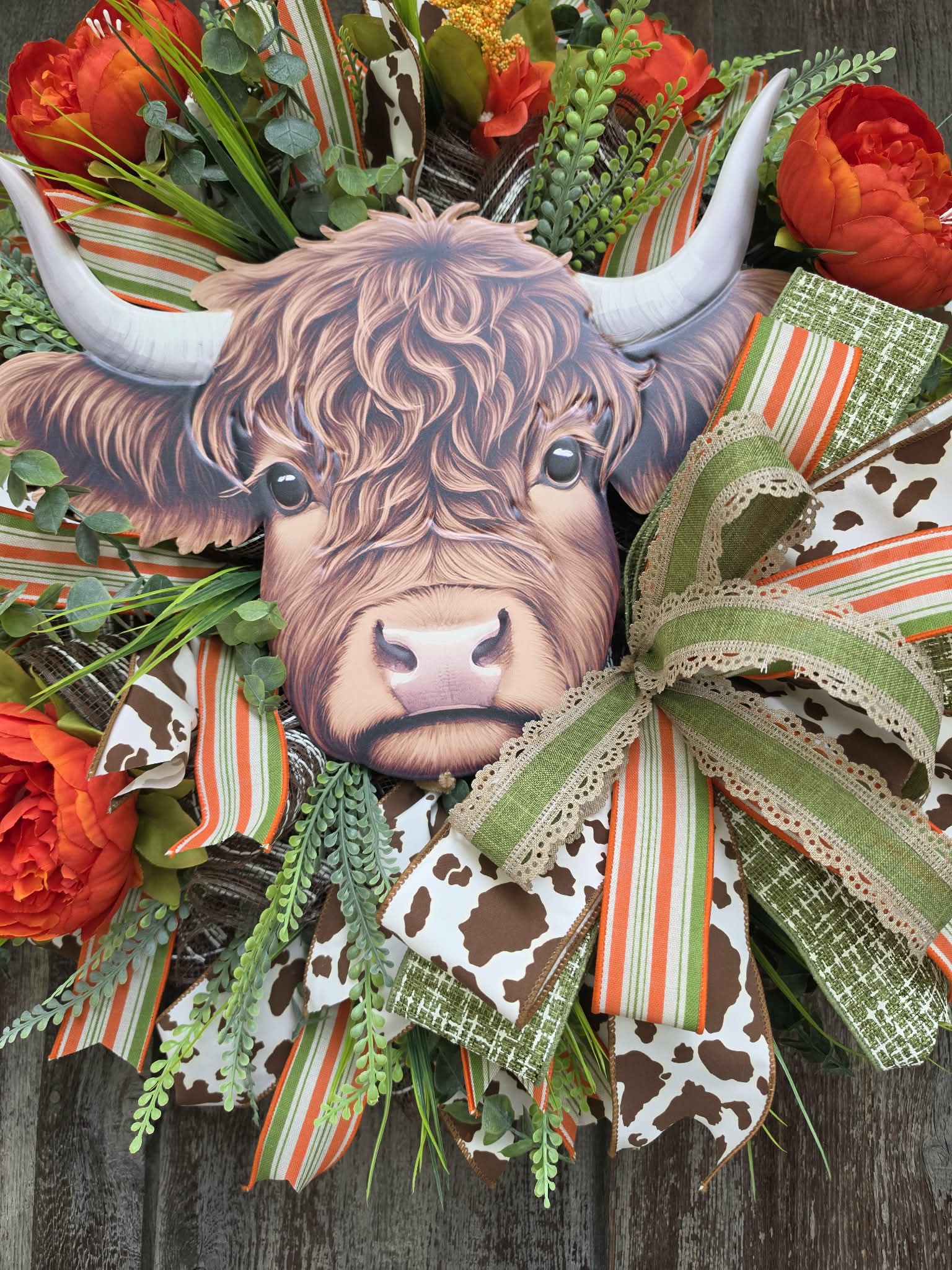 Highland Cow Fall Wreath – Rustic Farmhouse Door Wreath with Orange Florals