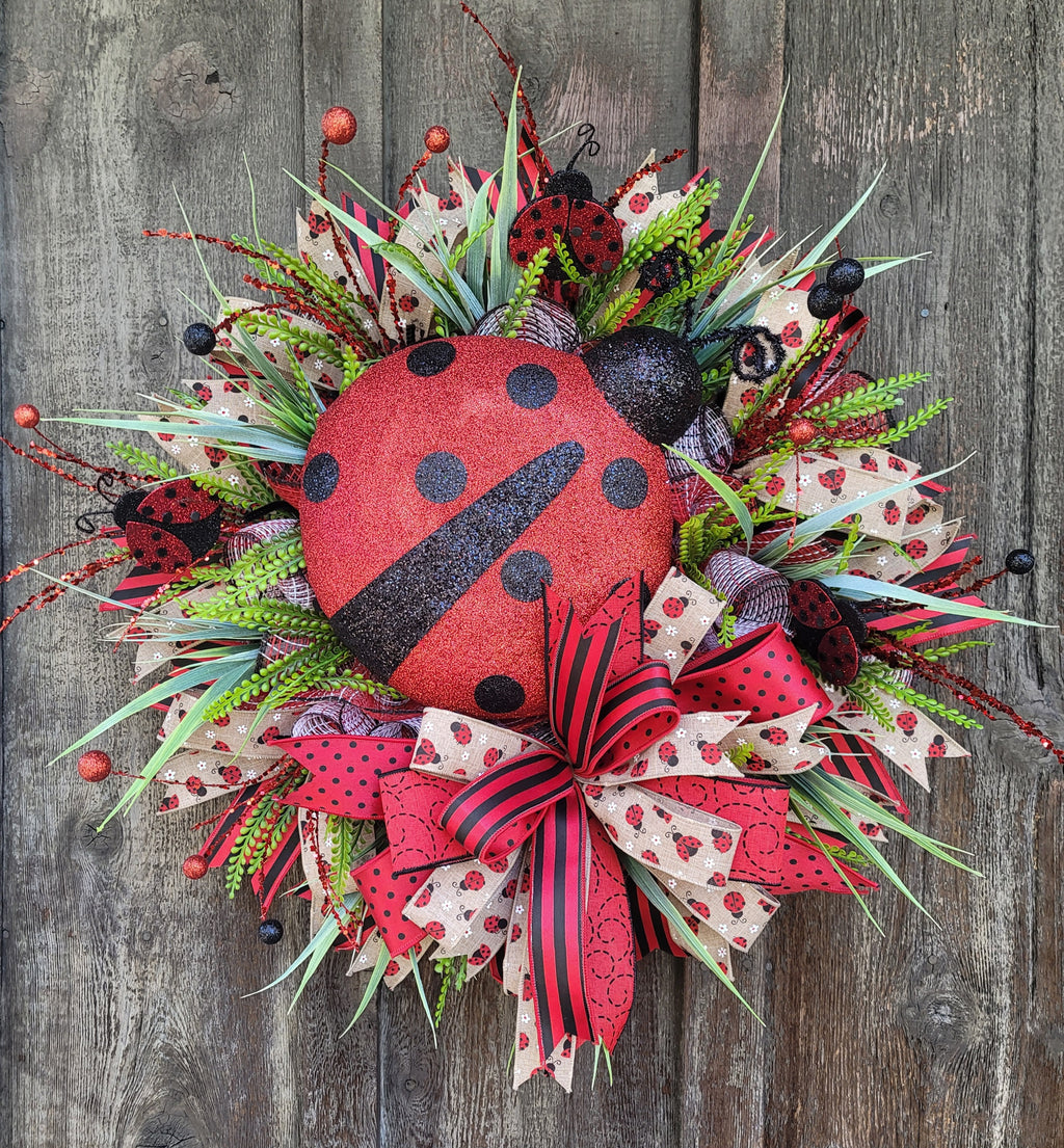 Ladybug Spring Wreath – Large Ladybug Front Door Wreath with Greenery & Designer Ribbon
