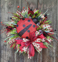 Ladybug Spring Wreath – Large Ladybug Front Door Wreath with Greenery & Designer Ribbon