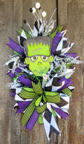 Halloween Wreath – Neon Green Purple Halloween Door Wreath with Monster Accent