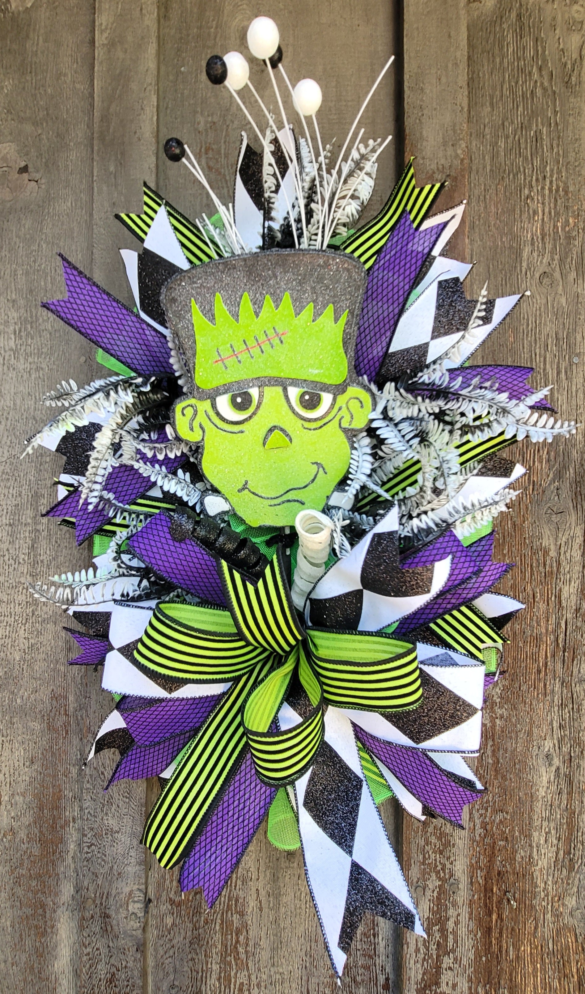 Halloween Wreath – Neon Green Purple Halloween Door Wreath with Monster Accent