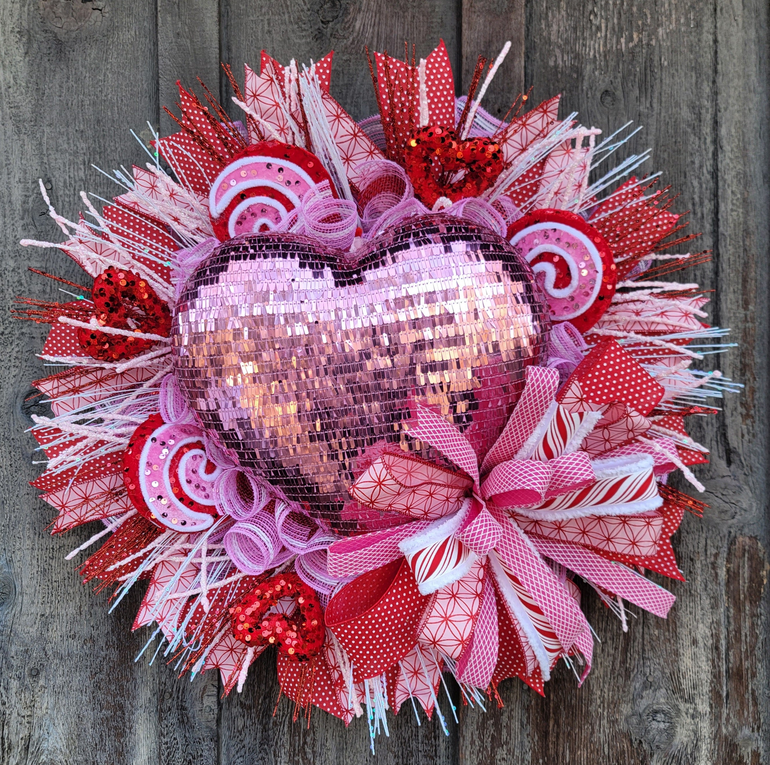 Valentine Pink Sequin Heart Wreath – Large Valentine’s Day Door Wreath with Candy Swirls & Red Hearts