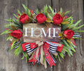 Rustic Home Wreath with Red Roses – Farmhouse Front Door Wreath with Wood Home Sign