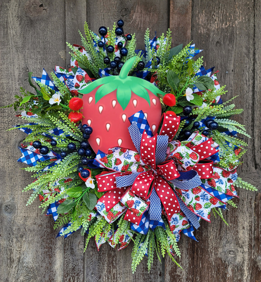 Strawberry Front Door Wreath – Summer Strawberry Farmhouse Wreath with Blue Gingham & Red Bow – 27” Round Strawberry Decor