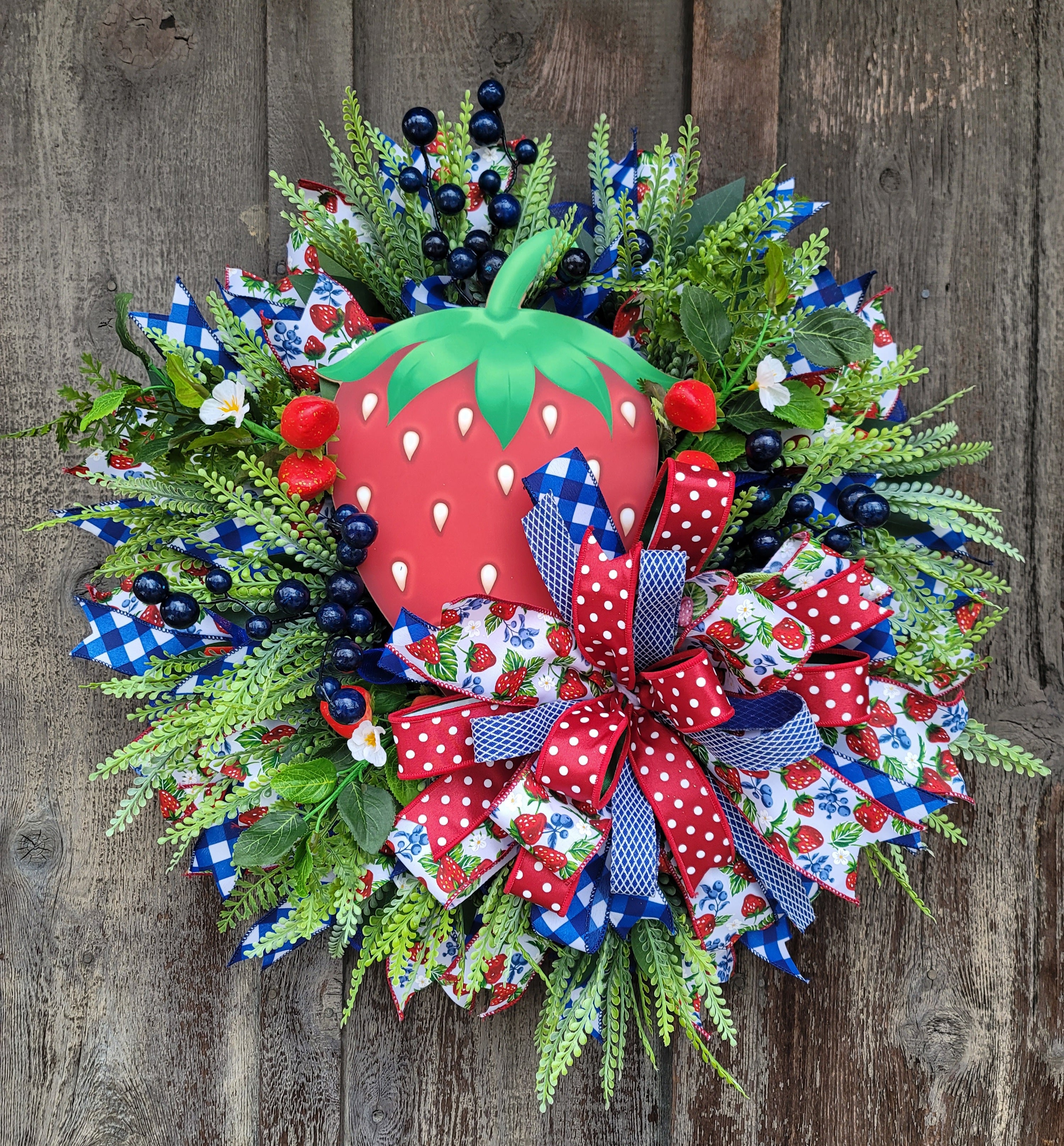 Strawberry Front Door Wreath – Summer Strawberry Farmhouse Wreath with Blue Gingham & Red Bow – 27” Round Strawberry Decor