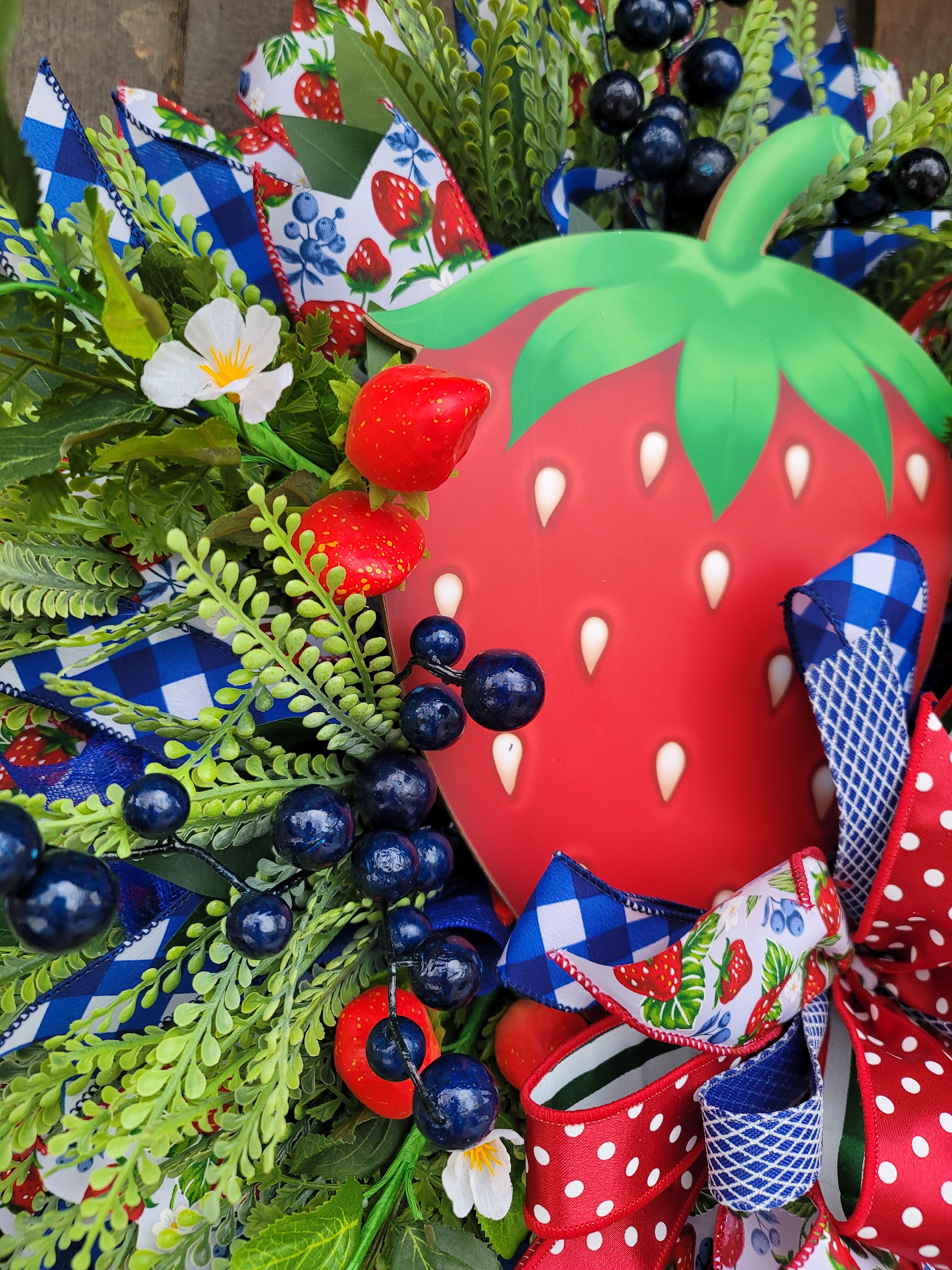 Strawberry Front Door Wreath – Summer Strawberry Farmhouse Wreath with Blue Gingham & Red Bow – 27” Round Strawberry Decor