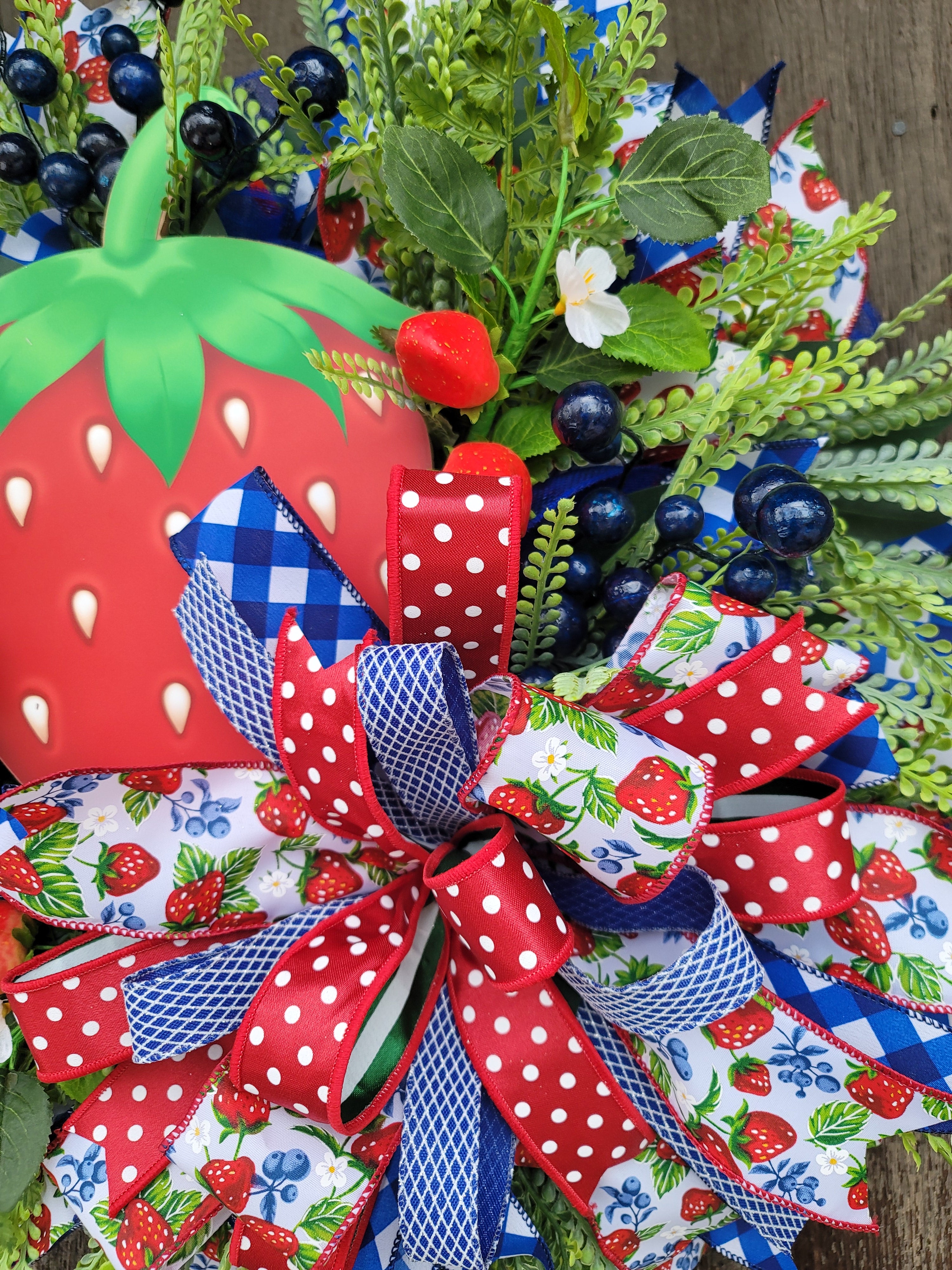 Strawberry Front Door Wreath – Summer Strawberry Farmhouse Wreath with Blue Gingham & Red Bow – 27” Round Strawberry Decor