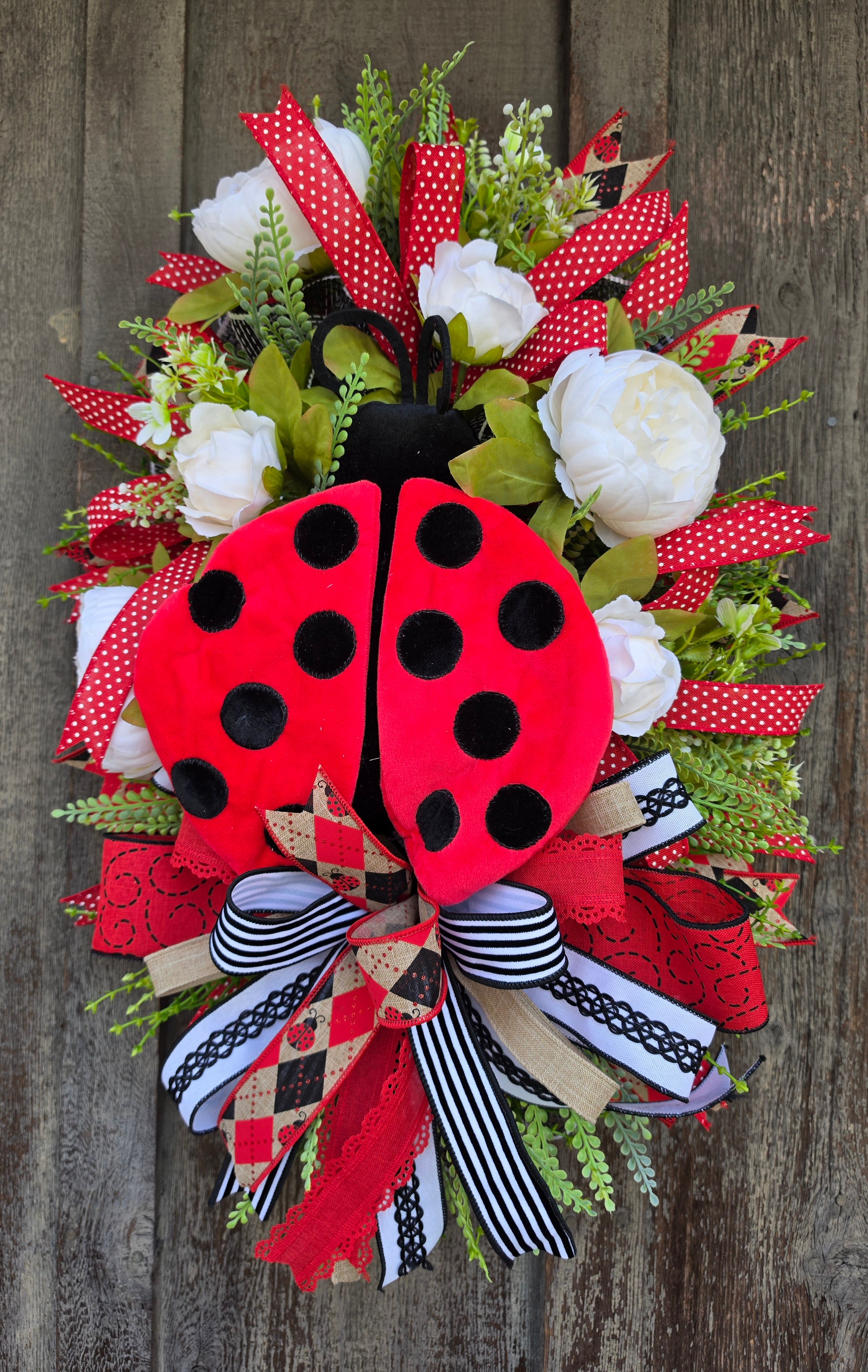 Ladybug Front Door Wreath – Red Black Spring Summer Ladybug Door Hanger with Designer Bow – Farmhouse Ladybug Decor
