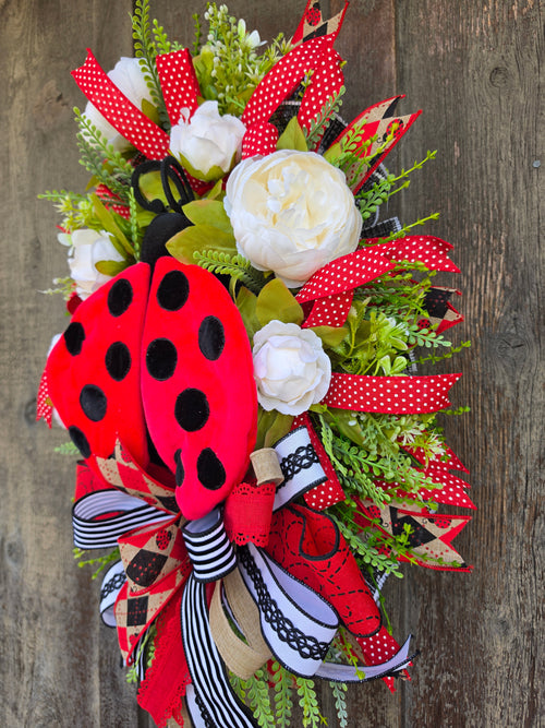 Ladybug Front Door Wreath – Red Black Spring Summer Ladybug Door Hanger with Designer Bow – Farmhouse Ladybug Decor