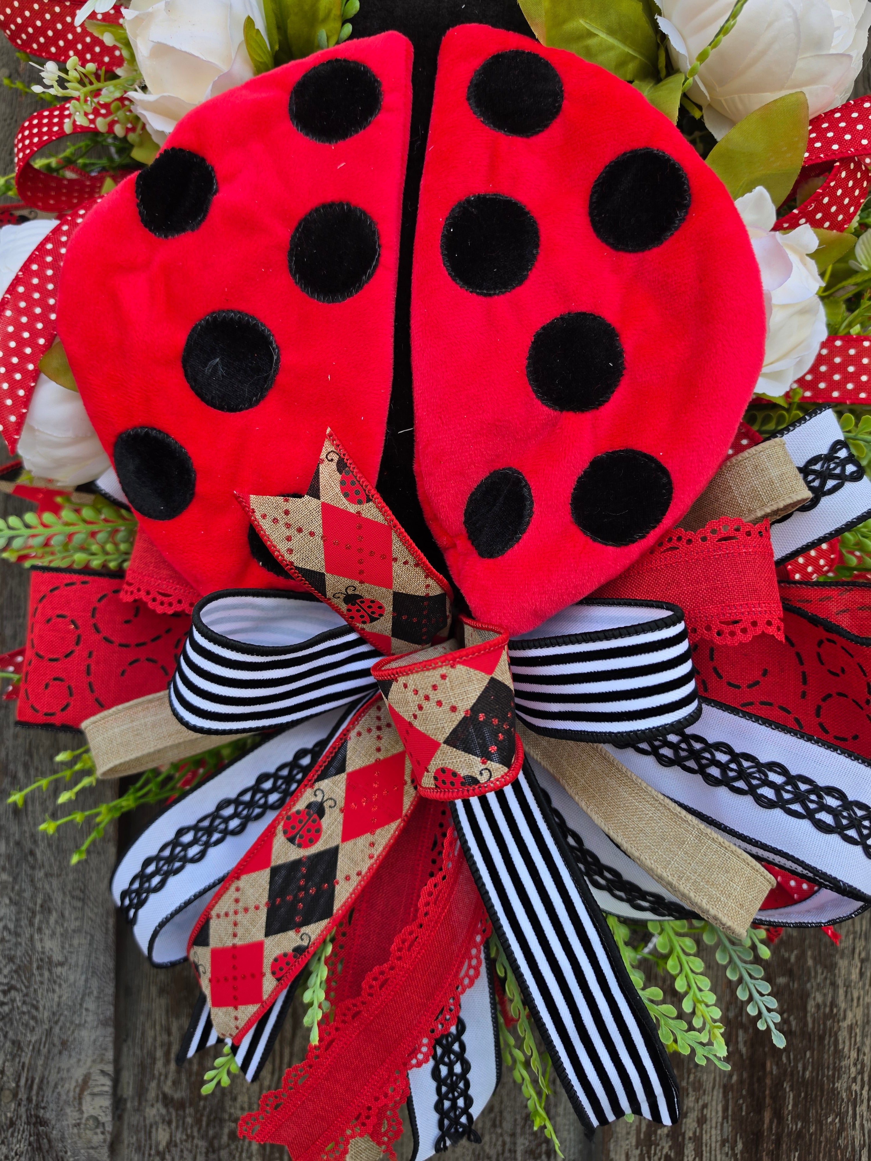 Ladybug Front Door Wreath – Red Black Spring Summer Ladybug Door Hanger with Designer Bow – Farmhouse Ladybug Decor