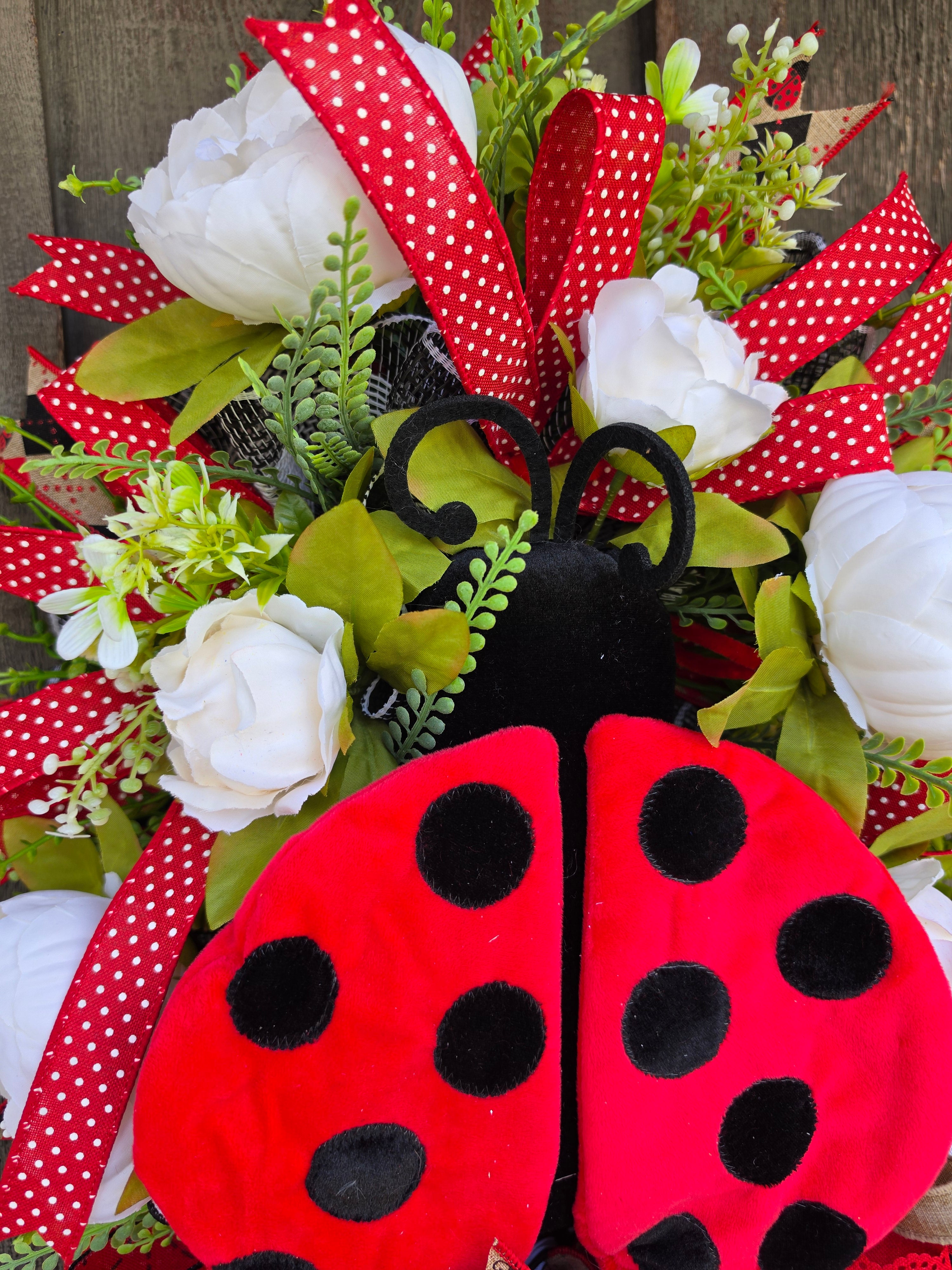 Ladybug Front Door Wreath – Red Black Spring Summer Ladybug Door Hanger with Designer Bow – Farmhouse Ladybug Decor