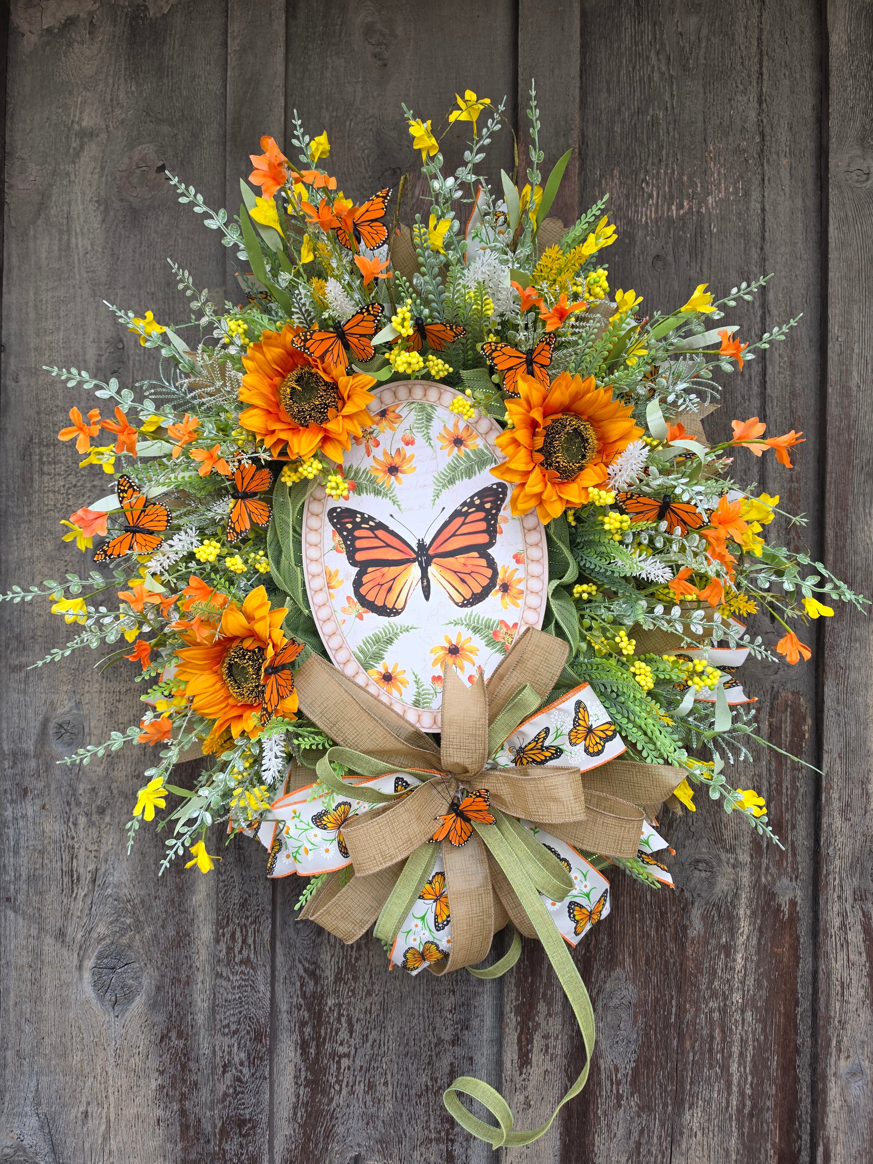 Butterfly Sunflower Front Door Wreath – Monarch Butterfly Spring Summer Floral Wreath – Orange Yellow Garden Decor