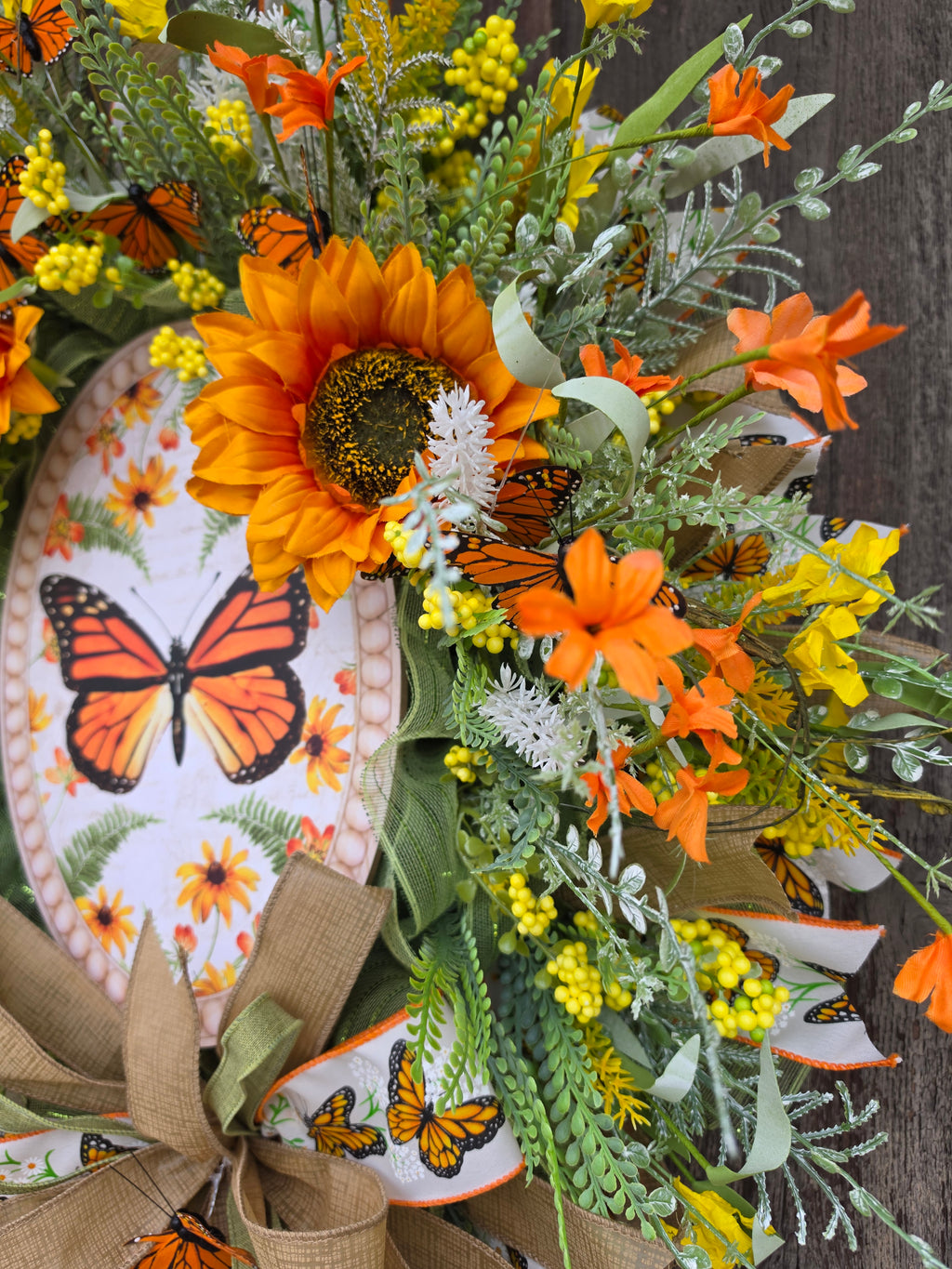 Butterfly Sunflower Front Door Wreath – Monarch Butterfly Spring Summer Floral Wreath – Orange Yellow Garden Decor
