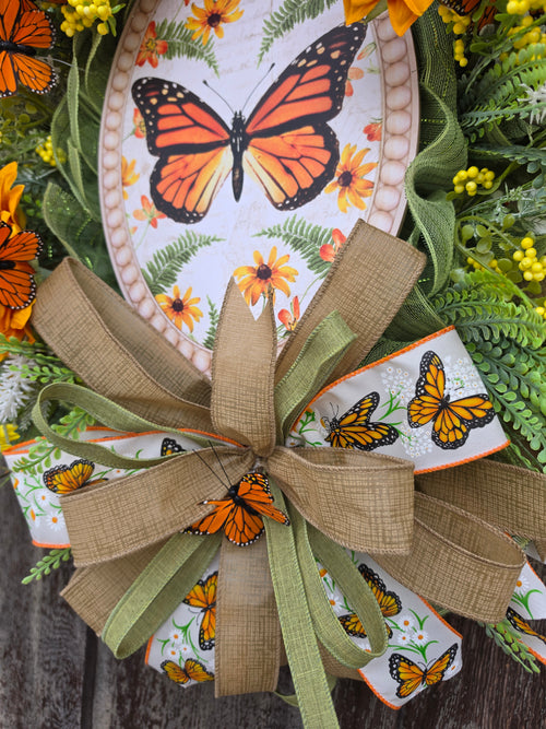 Butterfly Sunflower Front Door Wreath – Monarch Butterfly Spring Summer Floral Wreath – Orange Yellow Garden Decor