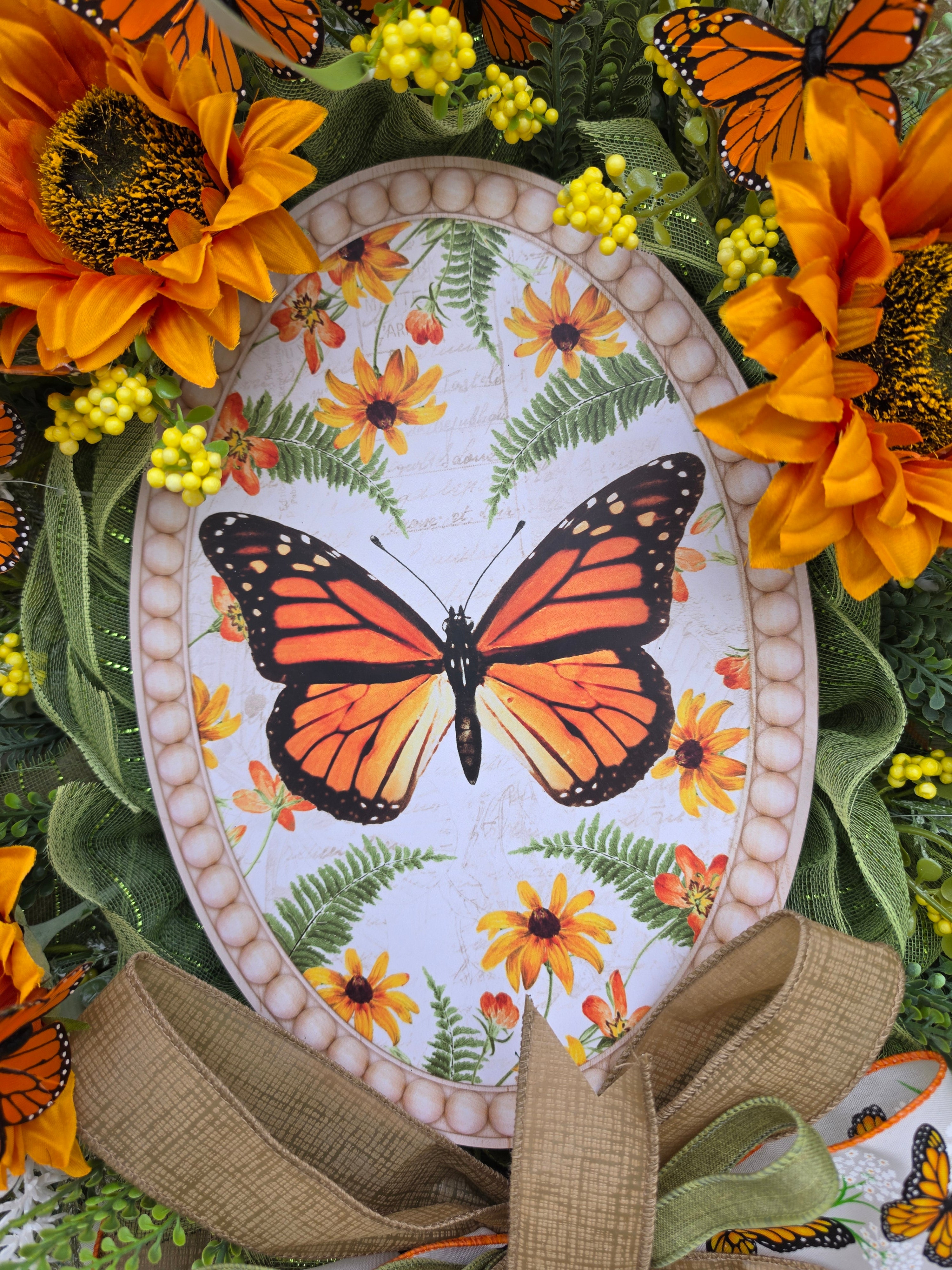 Butterfly Sunflower Front Door Wreath – Monarch Butterfly Spring Summer Floral Wreath – Orange Yellow Garden Decor