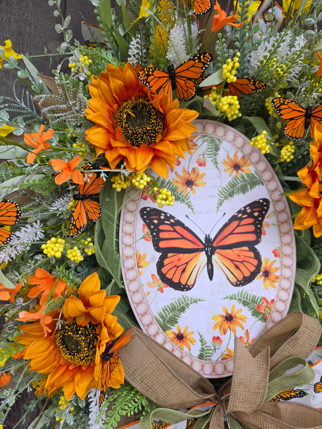 Butterfly Sunflower Front Door Wreath – Monarch Butterfly Spring Summer Floral Wreath – Orange Yellow Garden Decor