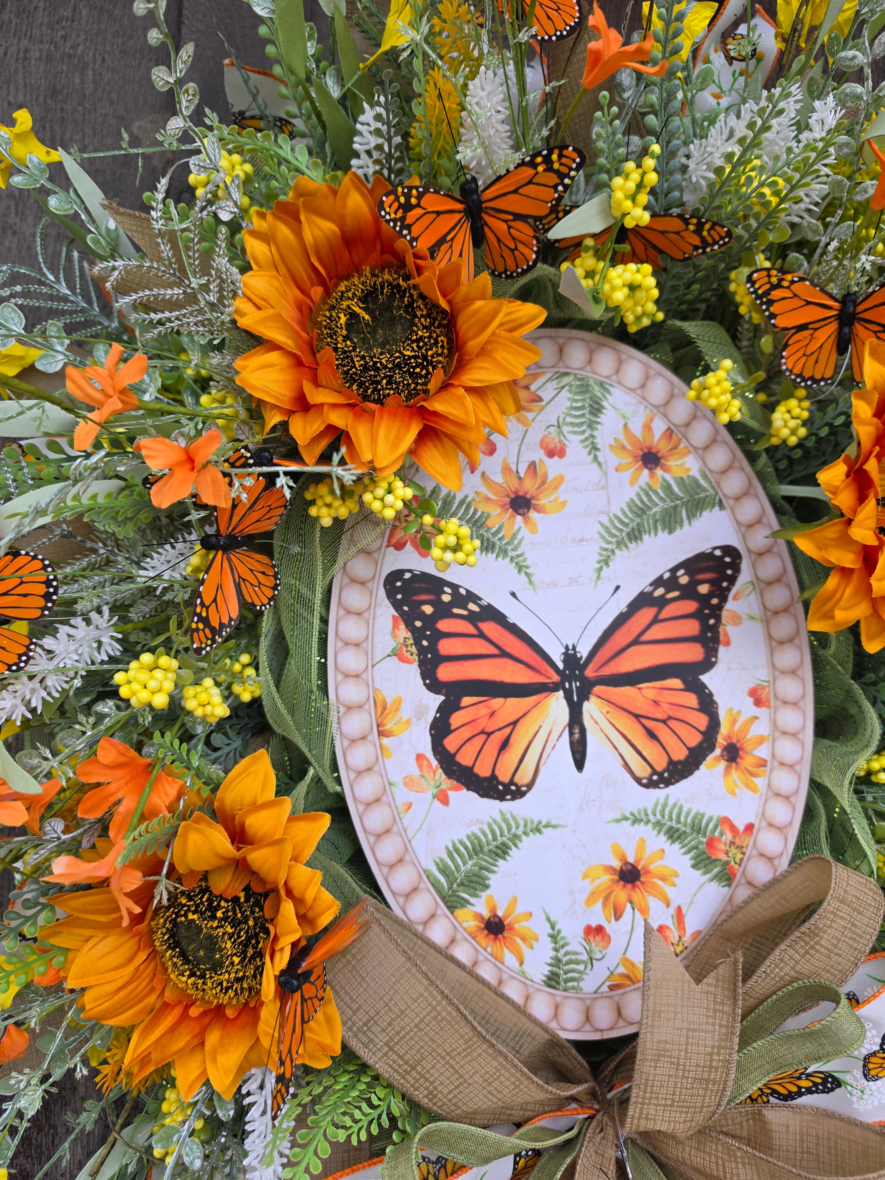 Butterfly Sunflower Front Door Wreath – Monarch Butterfly Spring Summer Floral Wreath – Orange Yellow Garden Decor