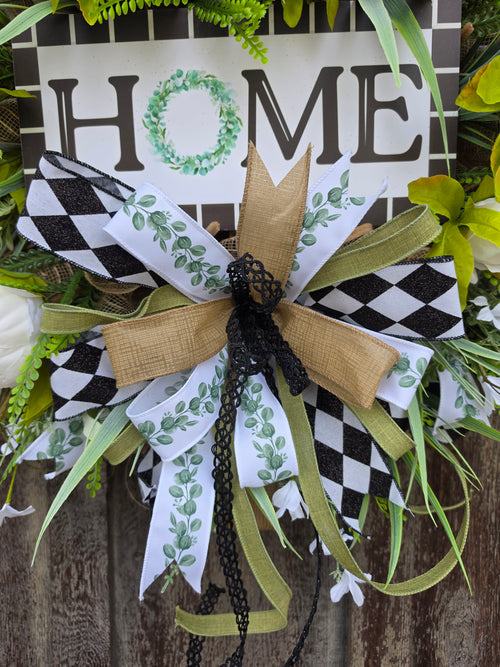Farmhouse HOME Front Door Wreath – Green White Spring Summer Floral Wreath with Designer Bow – 27” Round Welcome Door Decor