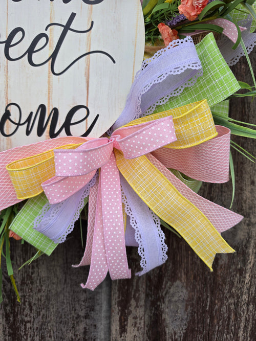Home Sweet Home Front Door Wreath – Spring Summer Pastel Floral Wreath with Designer Bow – Farmhouse Door Decor – 27” Round