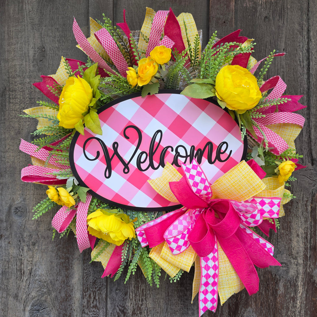 Pink Welcome Front Door Wreath – Bright Spring Summer Floral Wreath with Yellow Flowers – Farmhouse Door Decor