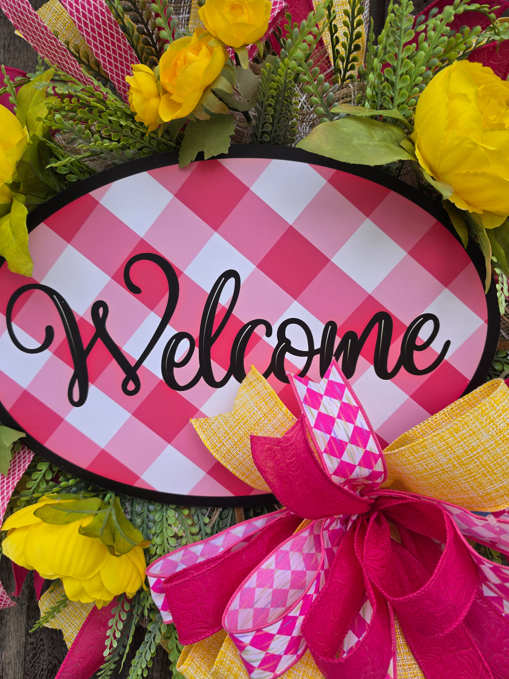 Pink Welcome Front Door Wreath – Bright Spring Summer Floral Wreath with Yellow Flowers – Farmhouse Door Decor