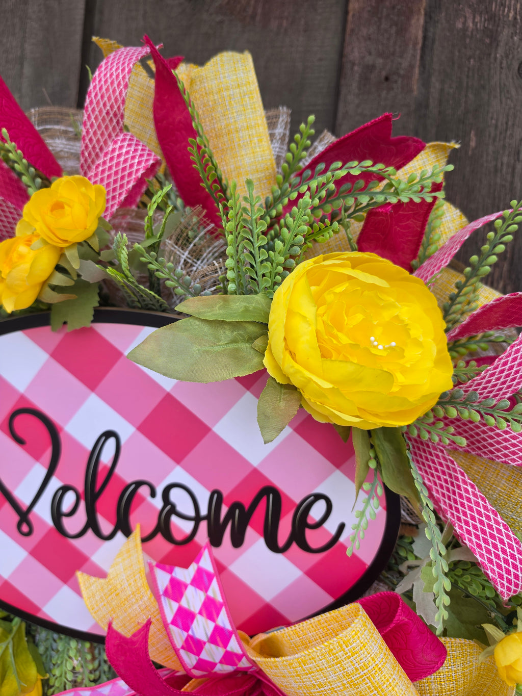 Pink Welcome Front Door Wreath – Bright Spring Summer Floral Wreath with Yellow Flowers – Farmhouse Door Decor