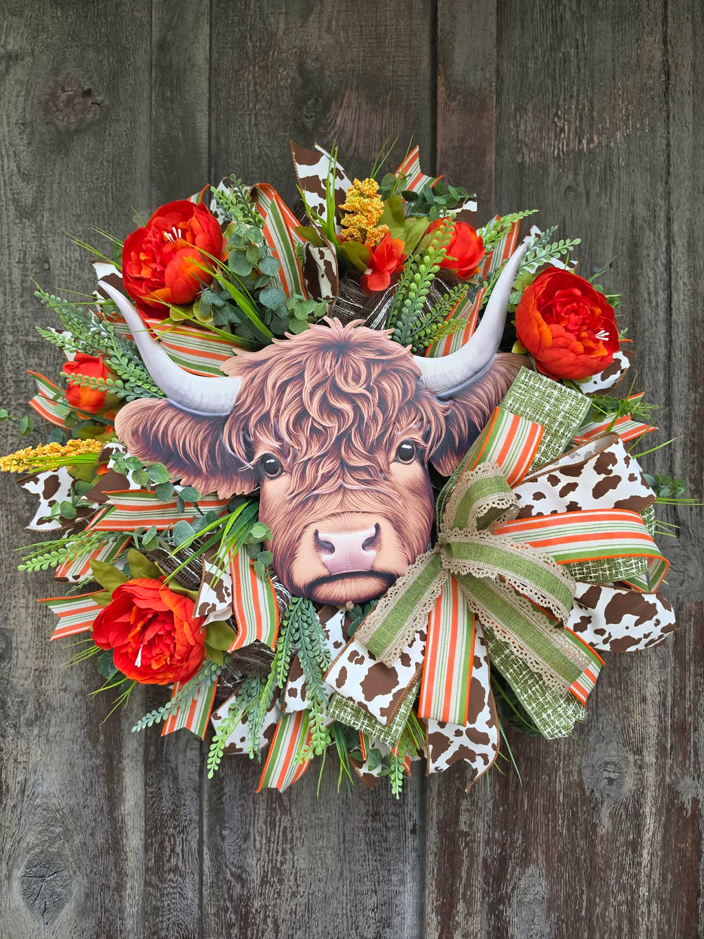 Highland Cow Fall Wreath – Rustic Farmhouse Door Wreath with Orange Florals