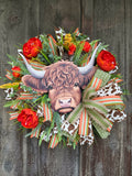 Highland Cow Fall Wreath – Rustic Farmhouse Door Wreath with Orange Florals