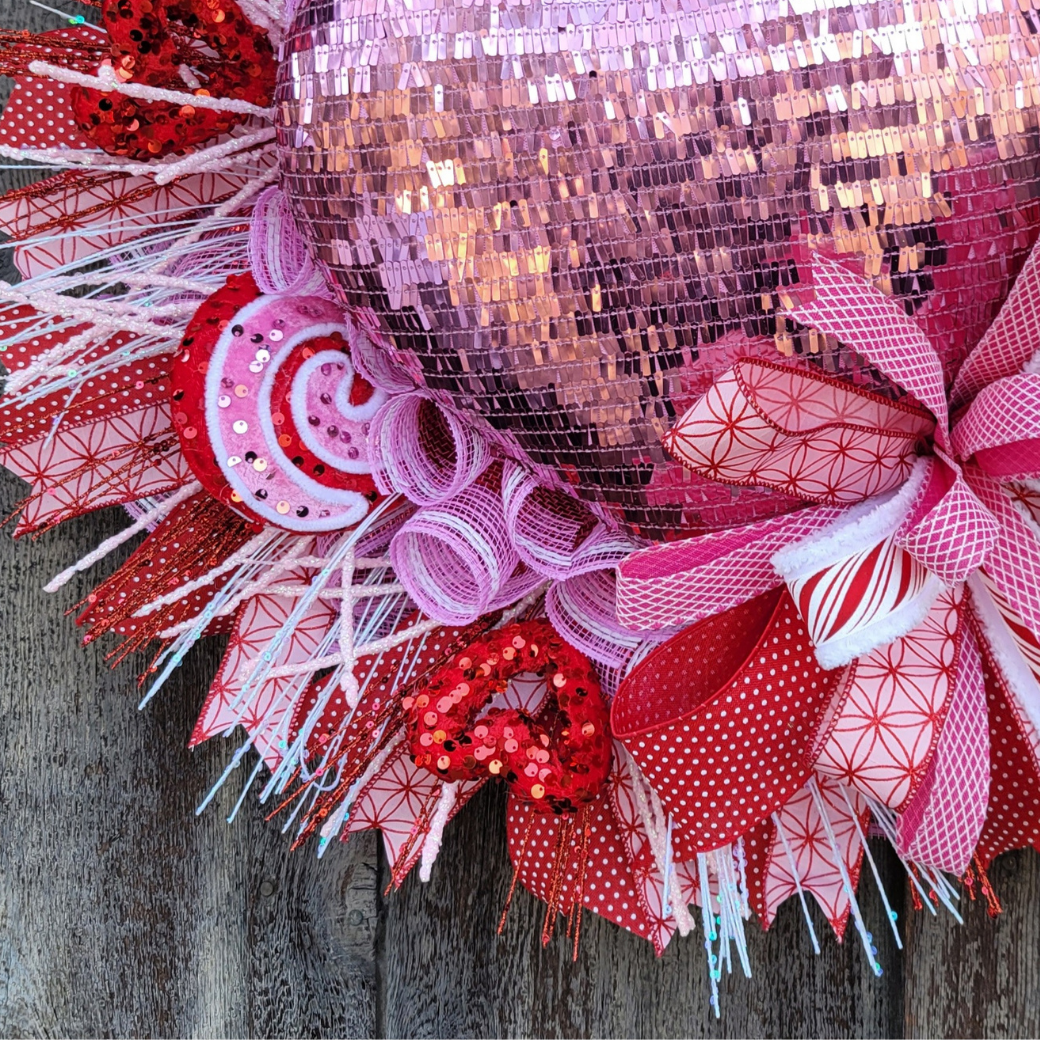 Valentine Pink Sequin Heart Wreath – Large Valentine’s Day Door Wreath with Candy Swirls & Red Hearts