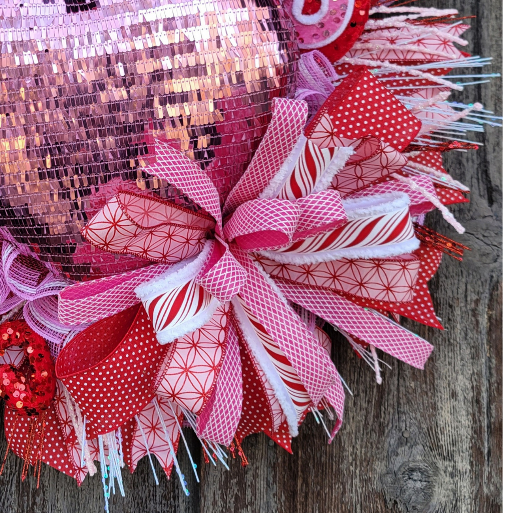 Valentine Pink Sequin Heart Wreath – Large Valentine’s Day Door Wreath with Candy Swirls & Red Hearts
