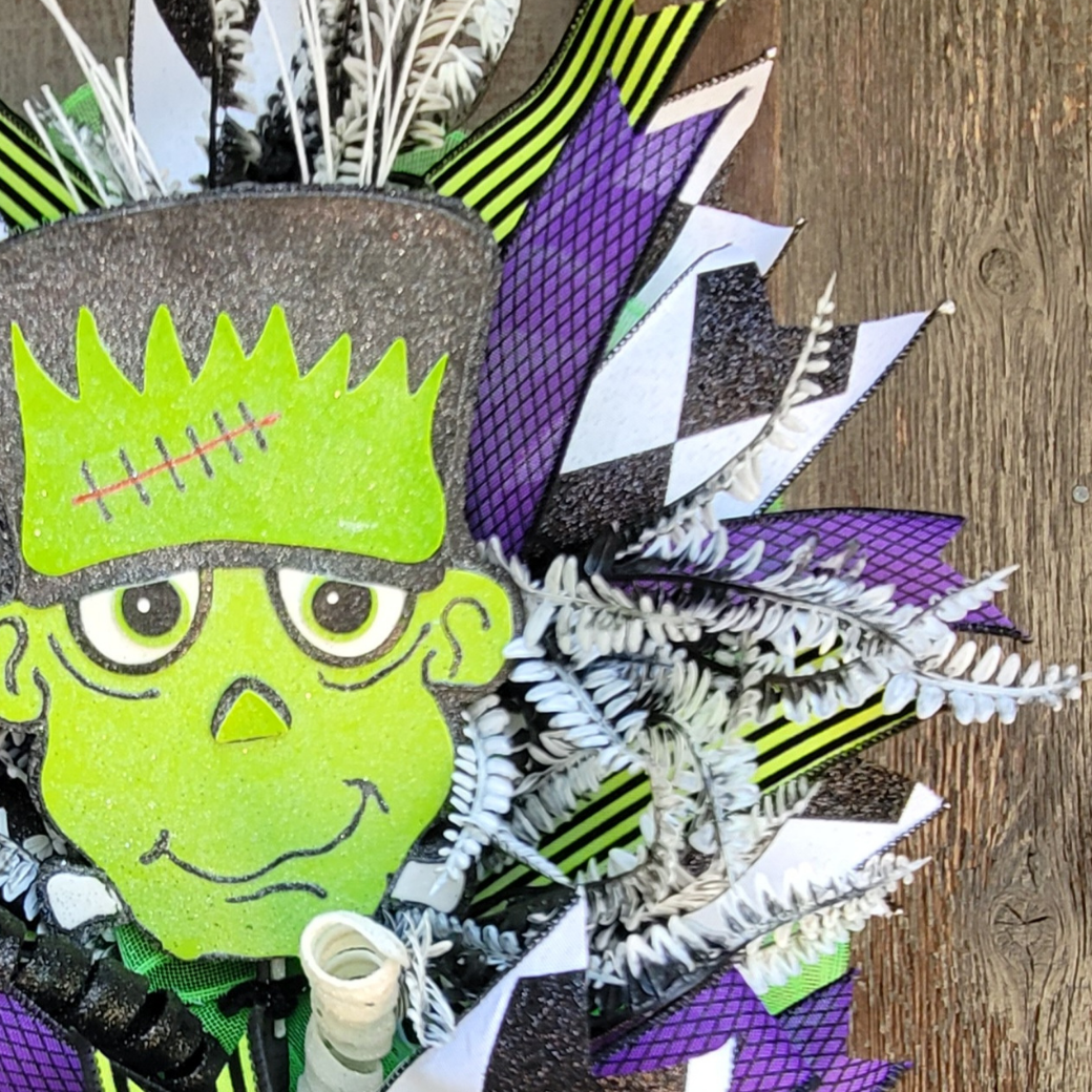 Halloween Wreath – Neon Green Purple Halloween Door Wreath with Monster Accent