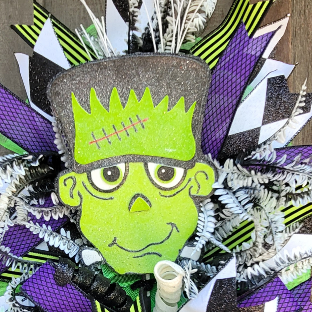 Halloween Wreath – Neon Green Purple Halloween Door Wreath with Monster Accent
