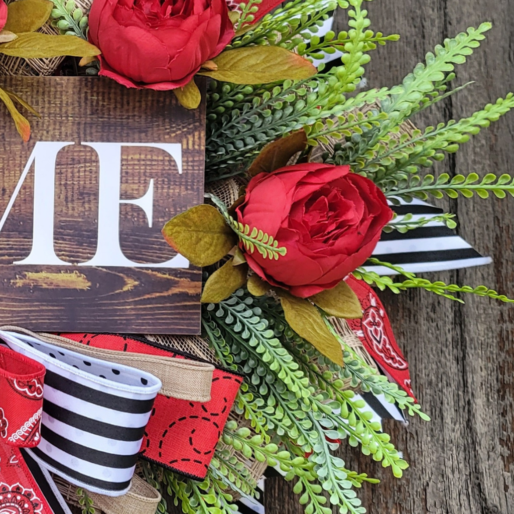 Rustic Home Wreath with Red Roses – Farmhouse Front Door Wreath with Wood Home Sign