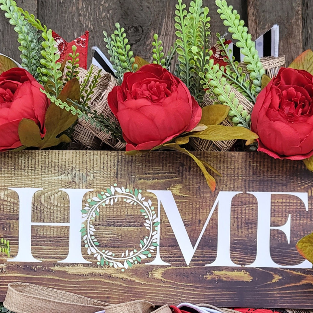 Rustic Home Wreath with Red Roses – Farmhouse Front Door Wreath with Wood Home Sign