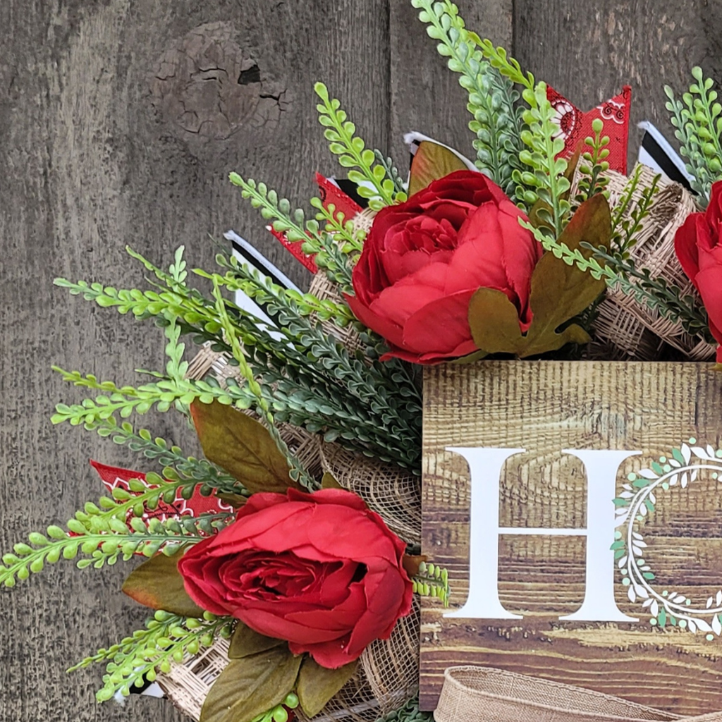Rustic Home Wreath with Red Roses – Farmhouse Front Door Wreath with Wood Home Sign