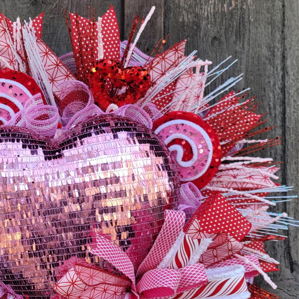 Valentine Pink Sequin Heart Wreath – Large Valentine’s Day Door Wreath with Candy Swirls & Red Hearts
