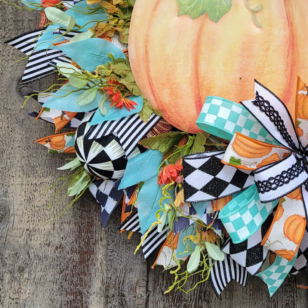Turquoise Pumpkin Fall Wreath – Farmhouse Autumn Door Wreath with Check Ribbon
