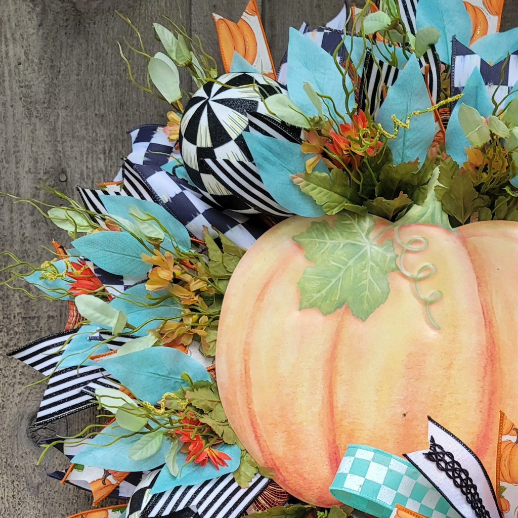 Turquoise Pumpkin Fall Wreath – Farmhouse Autumn Door Wreath with Check Ribbon