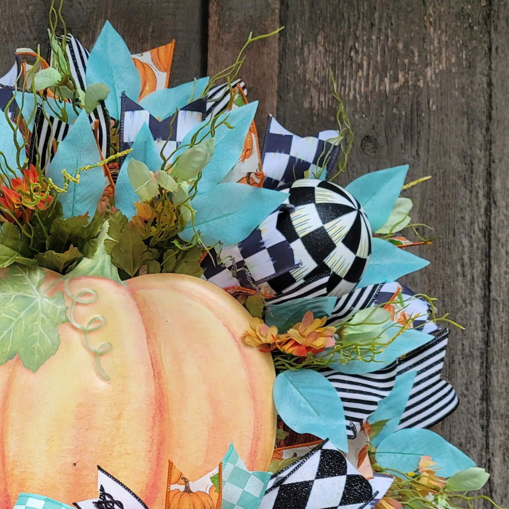 Turquoise Pumpkin Fall Wreath – Farmhouse Autumn Door Wreath with Check Ribbon