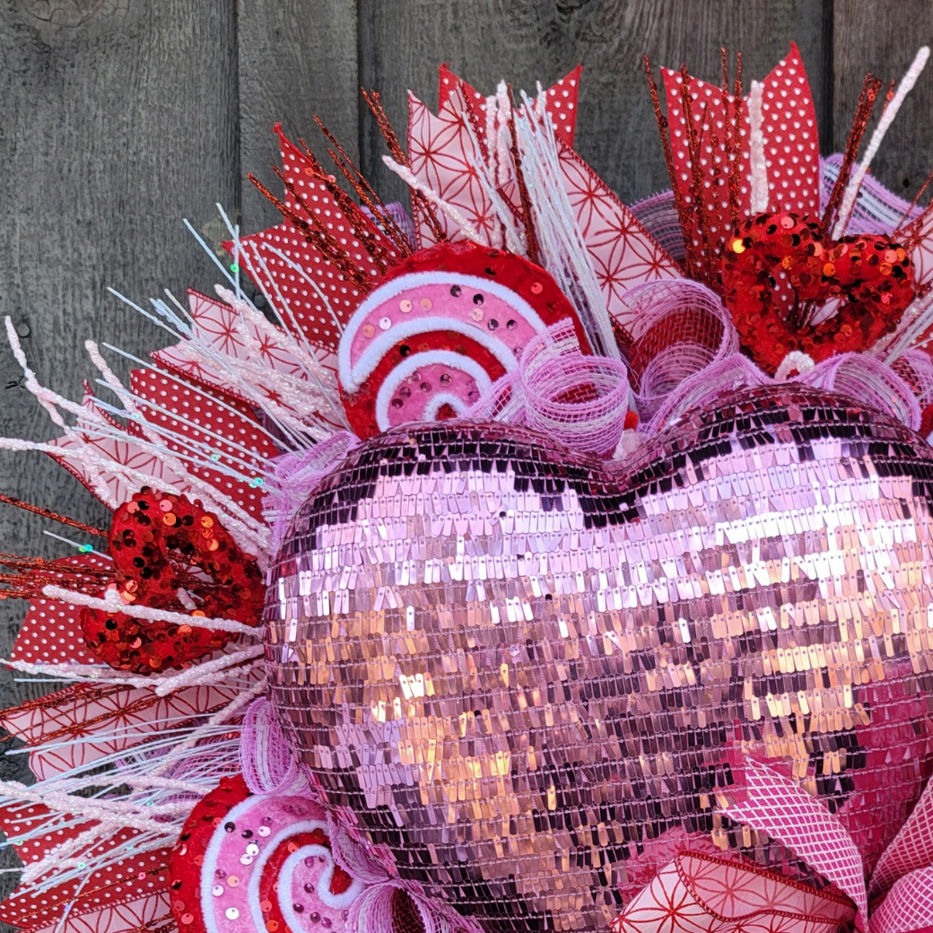 Valentine Pink Sequin Heart Wreath – Large Valentine’s Day Door Wreath with Candy Swirls & Red Hearts