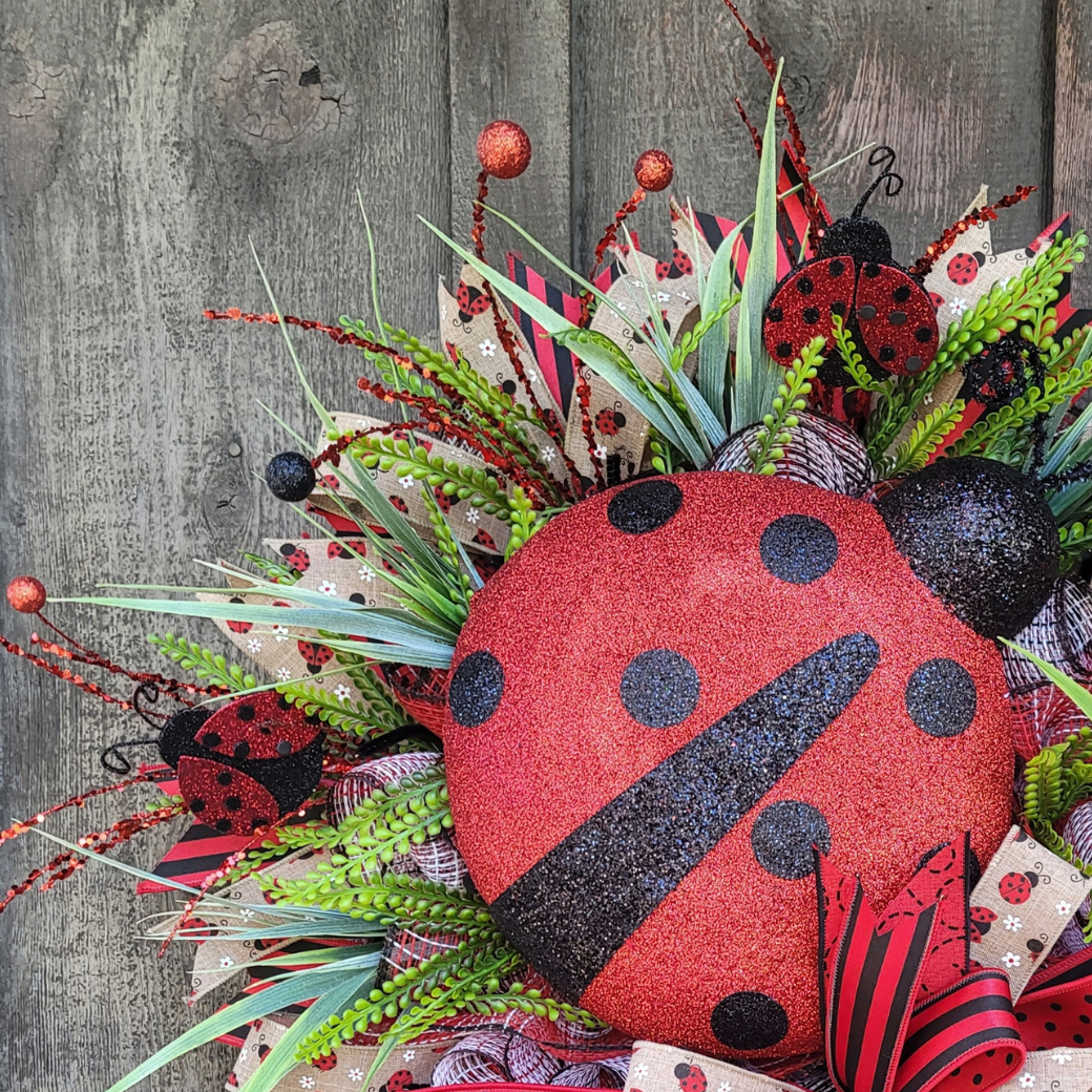 Ladybug Spring Wreath – Large Ladybug Front Door Wreath with Greenery & Designer Ribbon