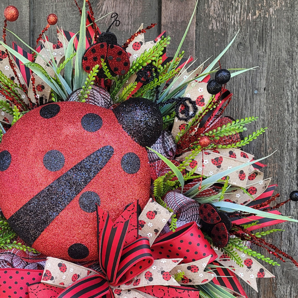 Ladybug Spring Wreath – Large Ladybug Front Door Wreath with Greenery & Designer Ribbon