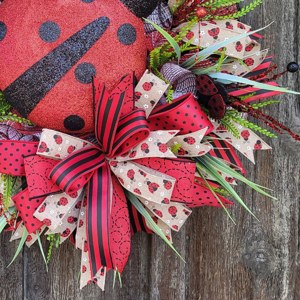 Ladybug Spring Wreath – Large Ladybug Front Door Wreath with Greenery & Designer Ribbon