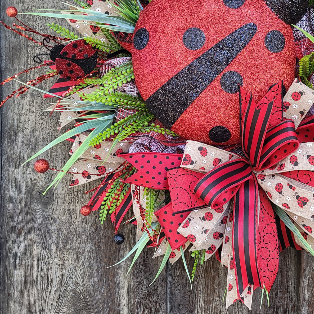 Ladybug Spring Wreath – Large Ladybug Front Door Wreath with Greenery & Designer Ribbon