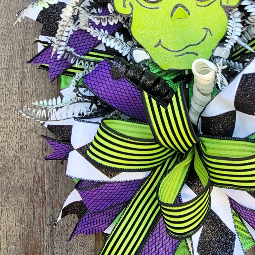 Halloween Wreath – Neon Green Purple Halloween Door Wreath with Monster Accent