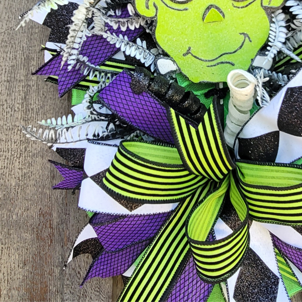Halloween Wreath – Neon Green Purple Halloween Door Wreath with Monster Accent