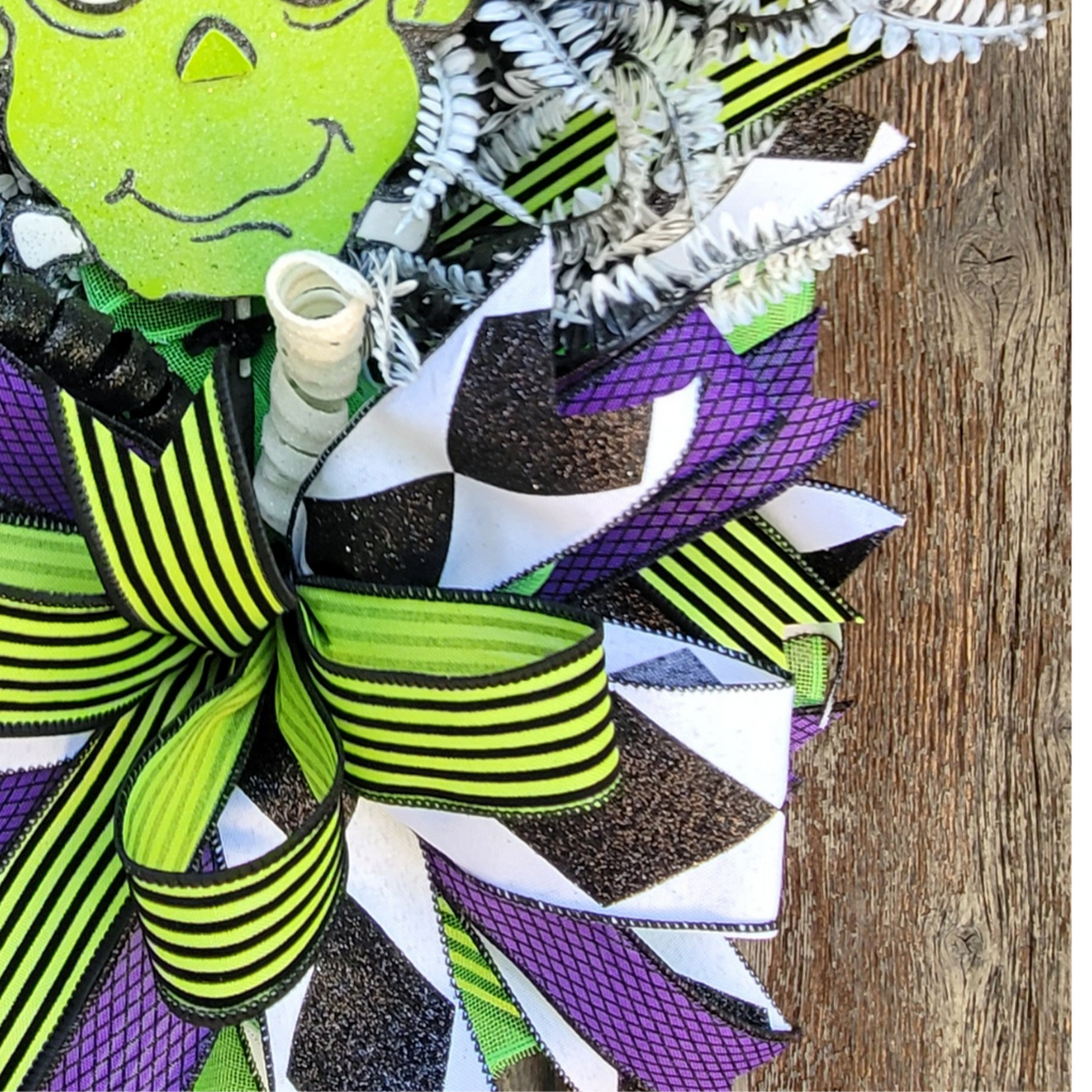 Halloween Wreath – Neon Green Purple Halloween Door Wreath with Monster Accent