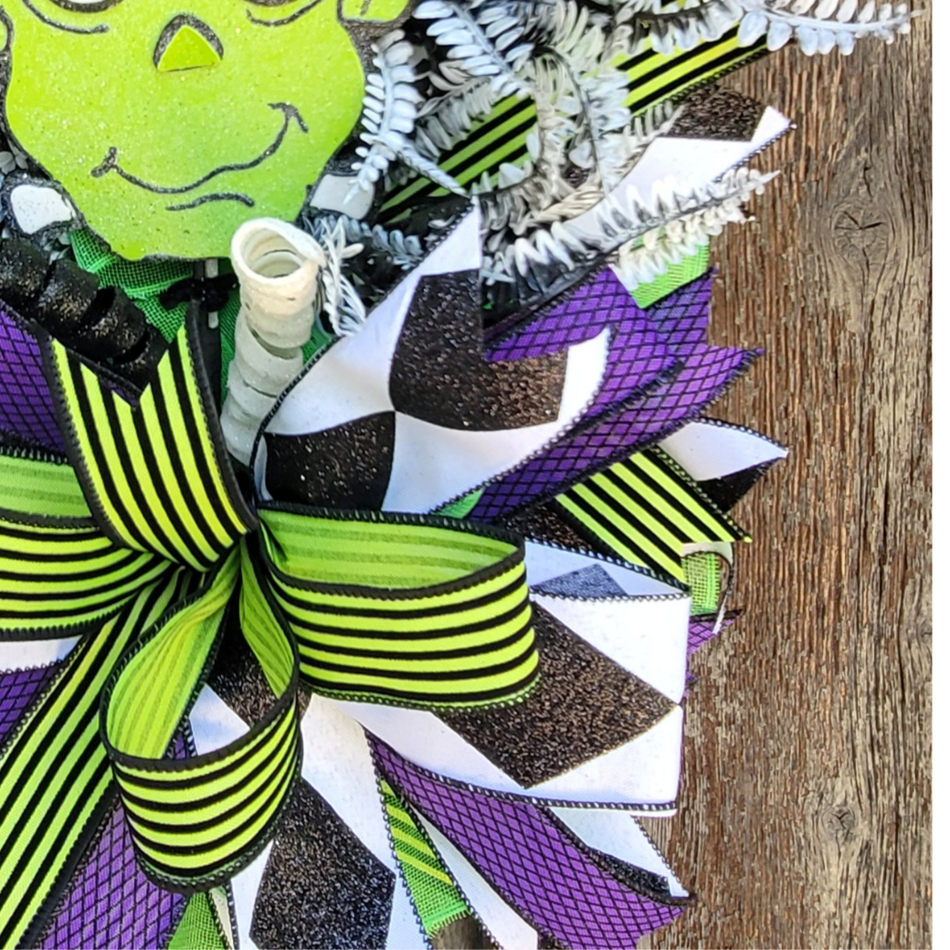 Halloween Wreath – Neon Green Purple Halloween Door Wreath with Monster Accent