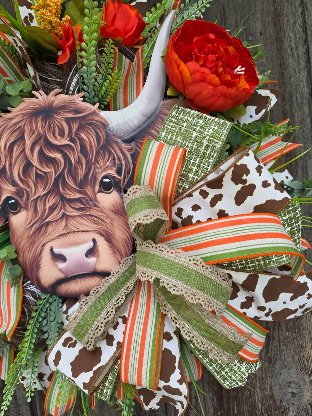 Highland Cow Fall Wreath – Rustic Farmhouse Door Wreath with Orange Florals